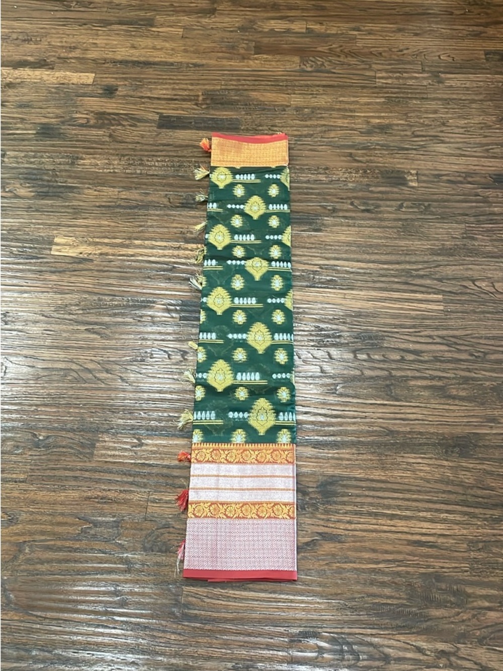 Green and Gold Woven Saree with Red Accent